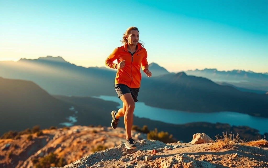 Atleta energizado corriendo en un paisaje montañoso, simbolizando nutrición para alto rendimiento.