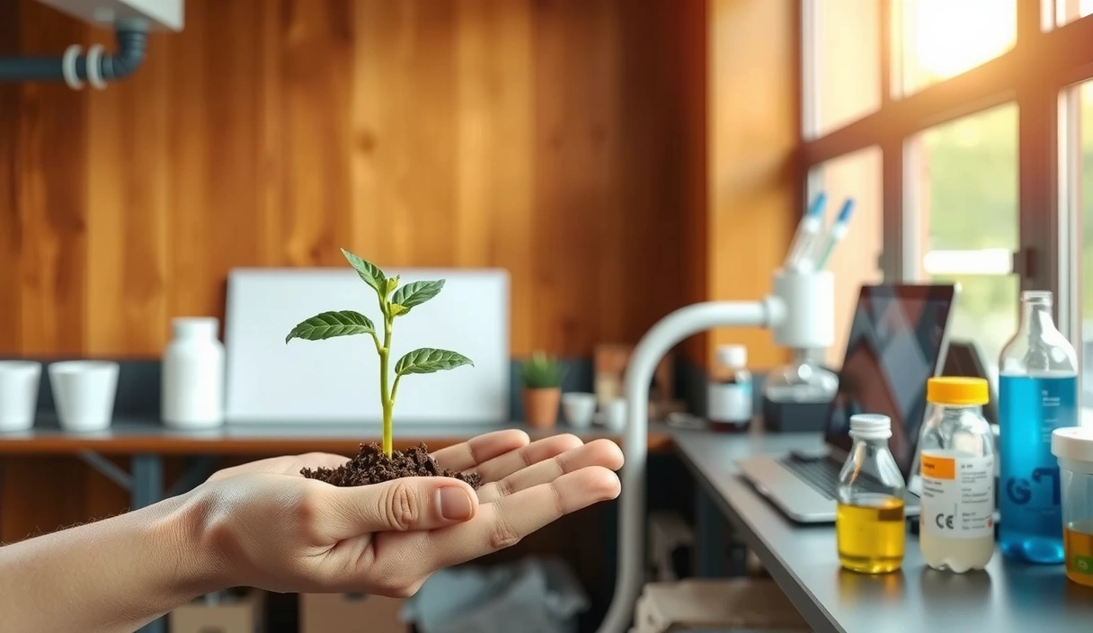 Mano sosteniendo una planta joven que crece en tierra fértil, con un fondo borroso de un laboratorio moderno y elementos naturales, simbolizando la fusión de naturaleza y ciencia.