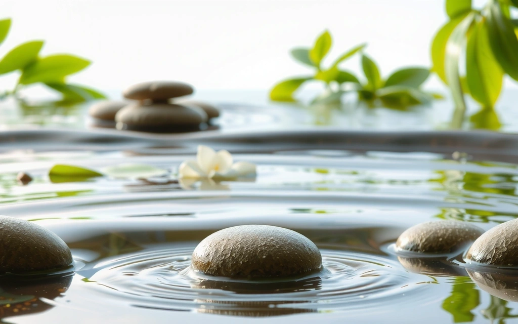 Representación abstracta de equilibrio y armonía, con suaves olas de agua y elementos botánicos, evocando un bienestar integral.