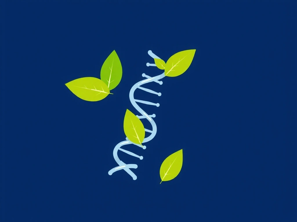 Símbolo de la molécula de ADN entrelazada con hojas verdes, representando la fusión de ciencia y naturaleza para el bienestar.
