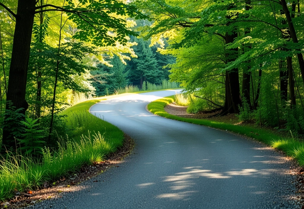 Un sendero serpenteante que se adentra en un bosque exuberante y vibrante, simbolizando el camino de la misión y visión de Fallavitvb.
